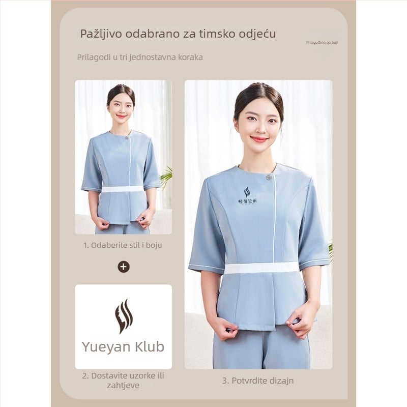 Unisex radna uniforma u stilu stjuardese, chenille tkanina s elastanom, okrugli ovratnik, 3/4 rukavi, hlače dužine 3/4