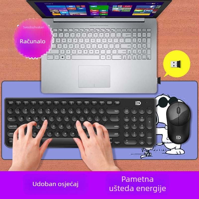 Bežični set tipkovnice i miša: 2.4G bežična veza, USB sučelja za tipkovnicu i miša, 1600 DPI, ergonomski dizajn, vodootporan