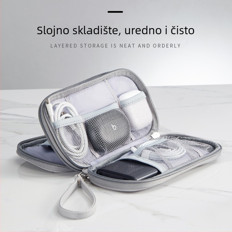 PU putna torbica za skladištenje – dvostruka, vodootporna torbica za kabeli, slušalice i powerbanku, s otiskom logotipa