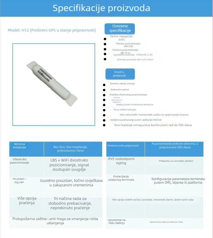 Bežični vodootporni GPS lokator H10, 5 m GPS preciznost, IP68, alarm geofence