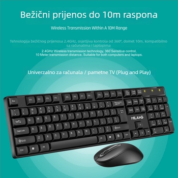 Bežični set tipkovnice i miša za kućnu i uredsku upotrebu — USB tipkovnica i USB miš, 1200 dpi, ergonomski, vodootporan, baterije uključene