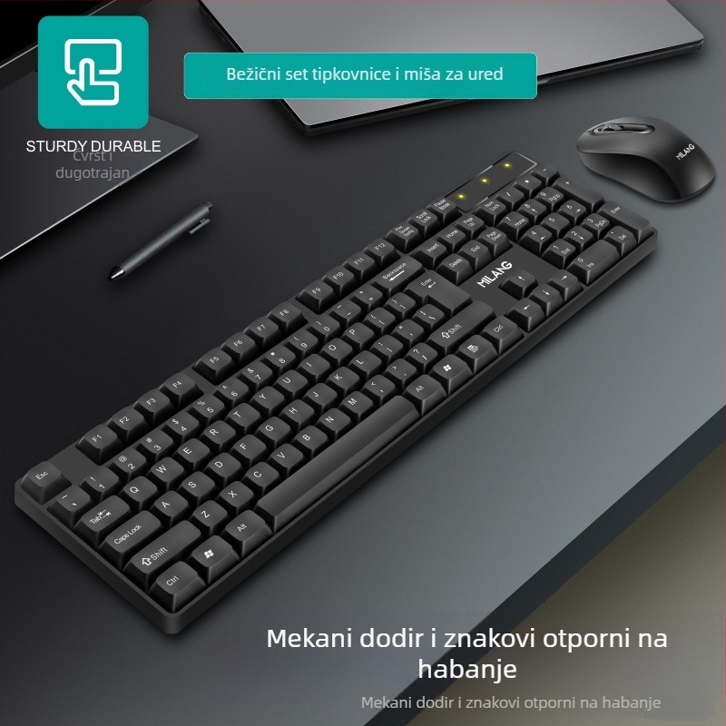 Bežični set tipkovnice i miša za kućnu i uredsku upotrebu — USB tipkovnica i USB miš, 1200 dpi, ergonomski, vodootporan, baterije uključene