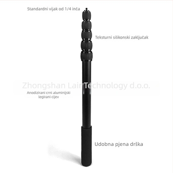 Selfie štap od aluminijske legure s spužvastim držačem; 6-sekcijski teleskopski dizajn; bez daljinskog upravljača; bez Bluetooth