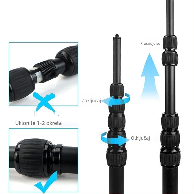 Selfie štap od aluminijske legure s spužvastim držačem; 6-sekcijski teleskopski dizajn; bez daljinskog upravljača; bez Bluetooth