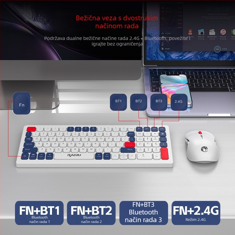Bežični set tipkovnice i miša R906, dvostruki način 2.4G+ Bluetooth, za poslovnu uporabu, optička rezolucija 800/1200/1600 DPI, Plug and Play