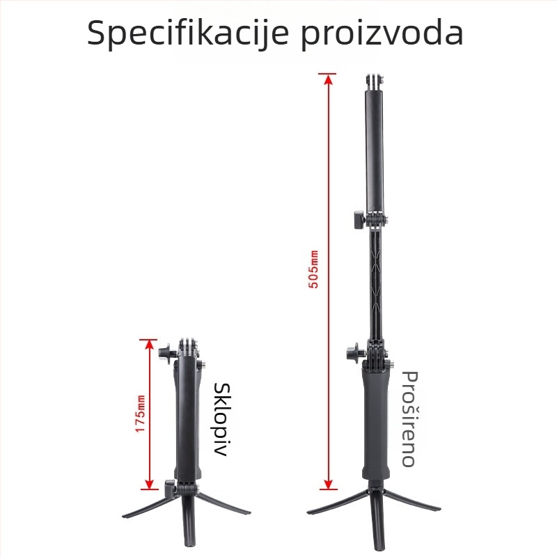 Trostruko sklopivi selfie štapić s trostrukim podešavanjem, univerzalna kompatibilnost s akcijskim kamerama; plastična konstrukcija