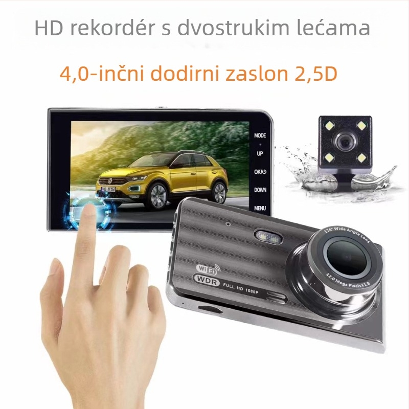 Dualna automobilska kamera 1080p, Wi‑Fi, zaslon na dodir, prednje i stražnje snimanje, 170° široki kut