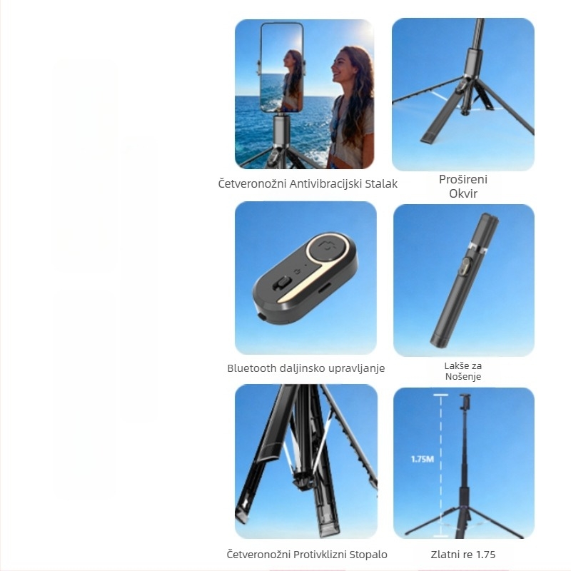 Selfie štap s četiri noge za stolni prijenos uživo i fotografiranje; ABS+aluminijska legura; Bluetooth; ugrađeno svjetlo; stabilizacija