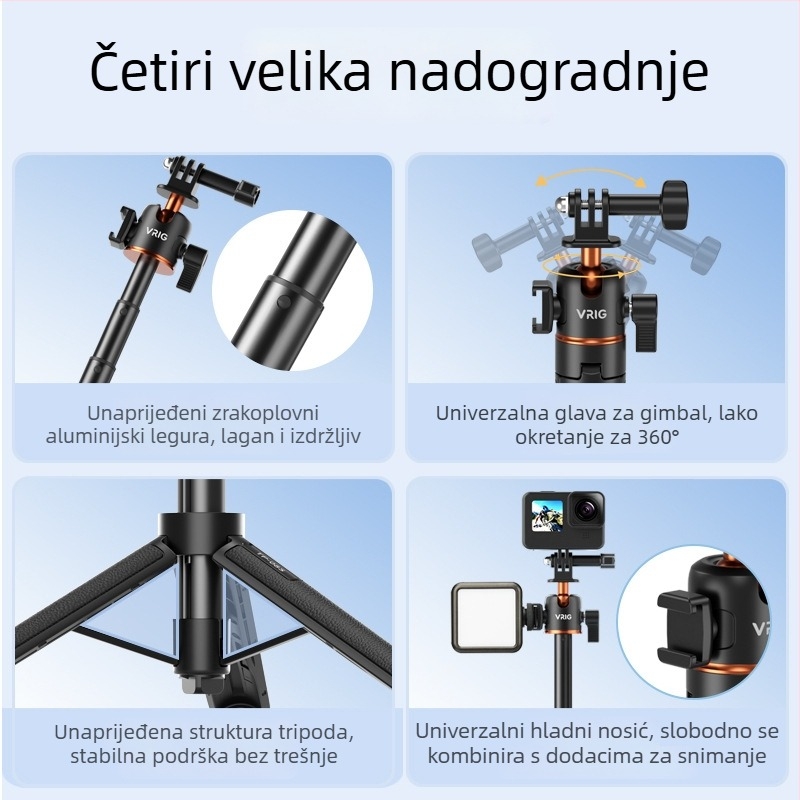 Vrig TP-08S univerzalni stativ za sportske kamere, aluminijske legure + ABS, Uključuje baze konektor i vijak