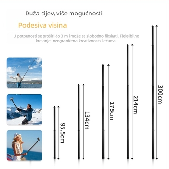 Selfie štapić od karbonskih vlakana za Insta360 X5, GoPro, DJI Action; 7-dijelni ultralak dizajn; Model ST-15020030; Nosivost do 2 kg