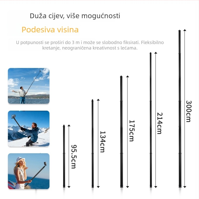 Selfie štapić od karbonskih vlakana za Insta360 X5, GoPro, DJI Action; 7-dijelni ultralak dizajn; Model ST-15020030; Nosivost do 2 kg