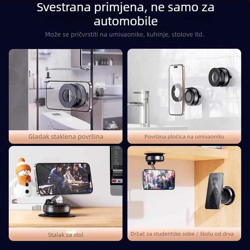 Magnetski držač za mobitel u automobilu s vakuumskim pričvršćivanjem, rotirajući i sklopiv, od legure