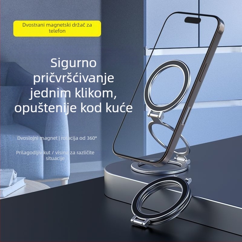 Stalak za telefon na stolu s magnetskom dvostrukom stranom i MagSafe kompatibilnošću, 360° rotacija, metalna konstrukcija, bežično punjenje