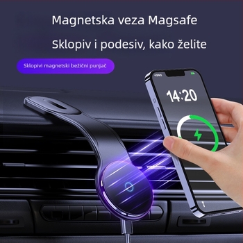 Magnetski auto držač za telefon i navigaciju, sklopivi bežični punjač; materijal: aluminijska legura + TPU + magnet