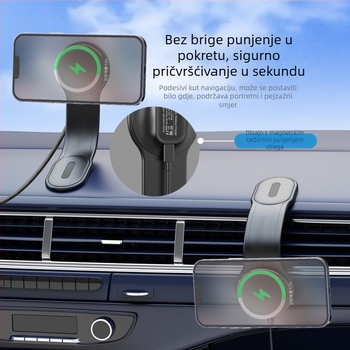 Magnetski auto držač za telefon i navigaciju, sklopivi bežični punjač; materijal: aluminijska legura + TPU + magnet