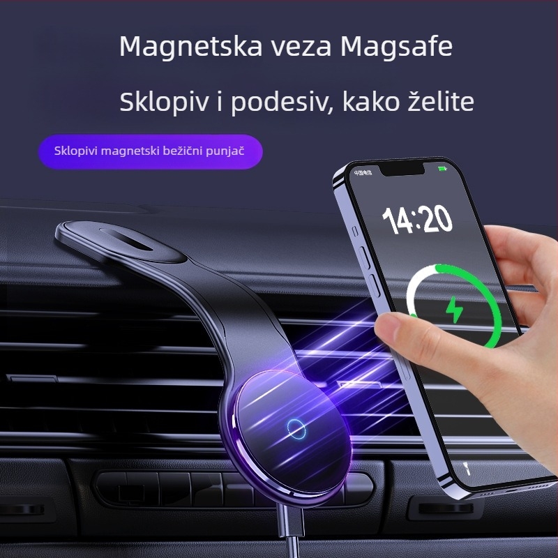 Magnetski auto držač za telefon i navigaciju, sklopivi bežični punjač; materijal: aluminijska legura + TPU + magnet