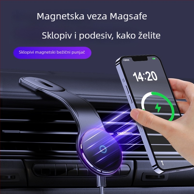 Magnetski auto držač za telefon i navigaciju, sklopivi bežični punjač; materijal: aluminijska legura + TPU + magnet