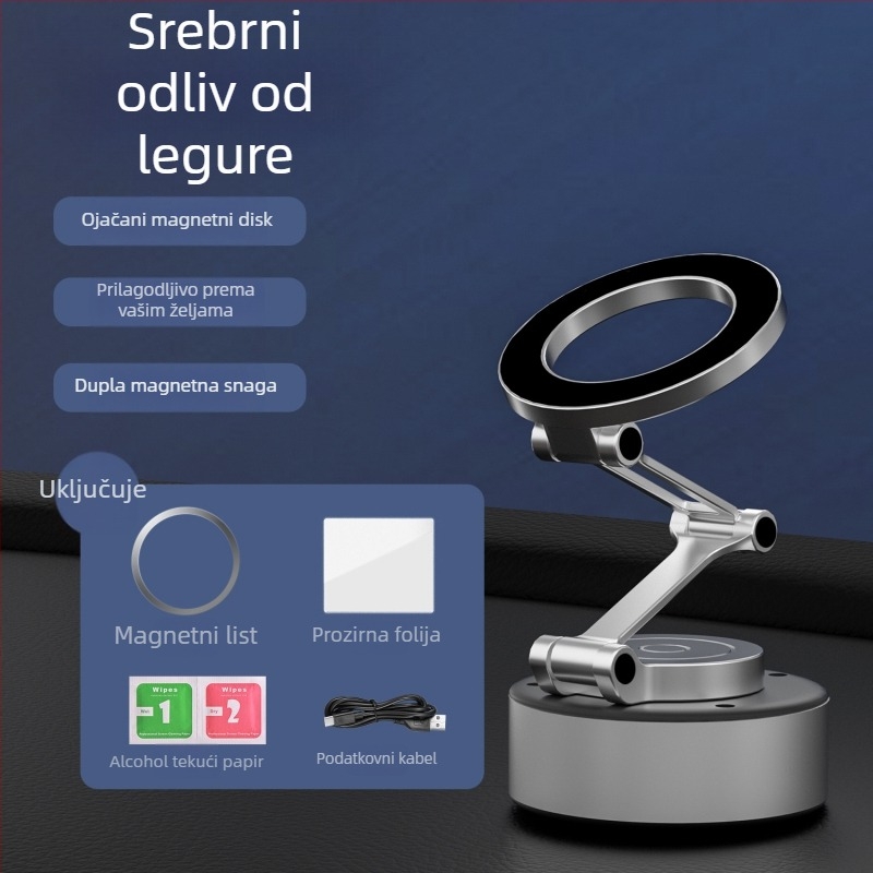 Sklopivi magnetski držač za mobitel u automobilu, s ljepivim stražnjim dijelom, rotirajući držač za ploču od aluminijske legure
