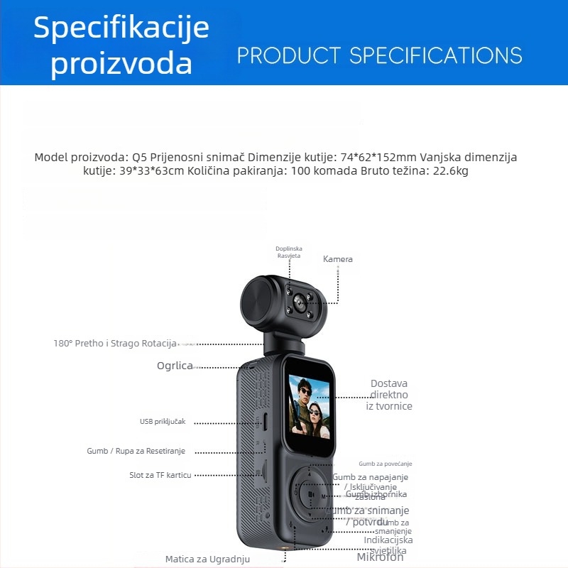 Prijenosna akcijska kamera za outdoor Q5, stabilizacija slike, 2K video, TF kartica za pohranu, trajanje baterije 5–6 sati