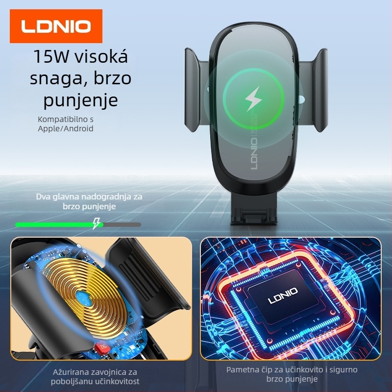 Ldnio držač za automobilni telefon s bežičnim punjenjem 15W, usisna čašica, univerzalnog tipa