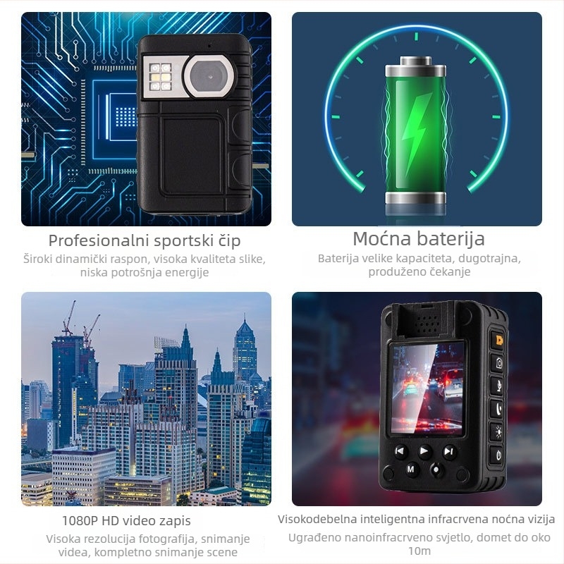 Profesionalni sigurnosni zapisnik za noćni vid, nosiv na prsištu, 1080p CMOS senzor, 9–11 sati baterije, MicroSD pohrana, stereo mikrofon