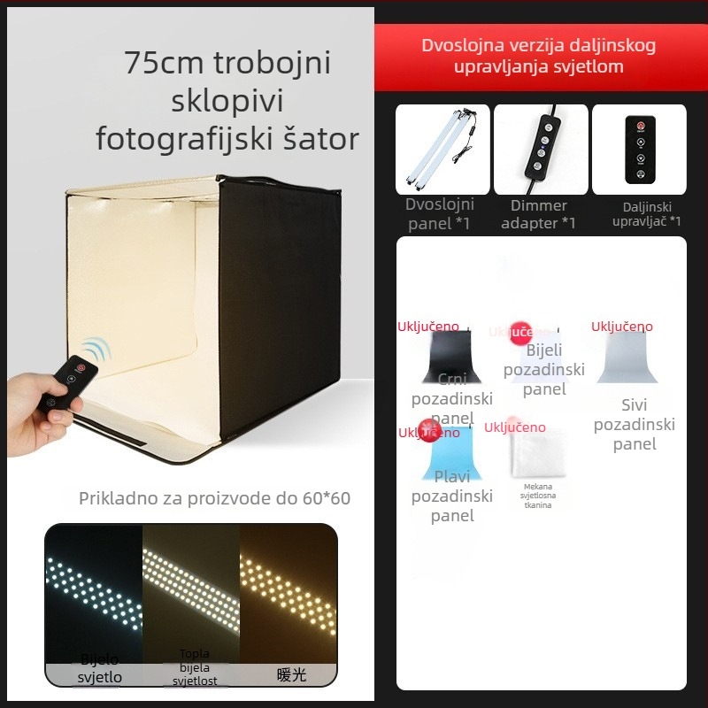 Malo foto-studio LED softbox s dvostrukom temperaturom boje, sklopivi dizajn, daljinski upravljač, poliester panel
