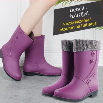 Ženske kišne čizme s fleecem podstavom, srednje visoke, vodootporne i protuklizne