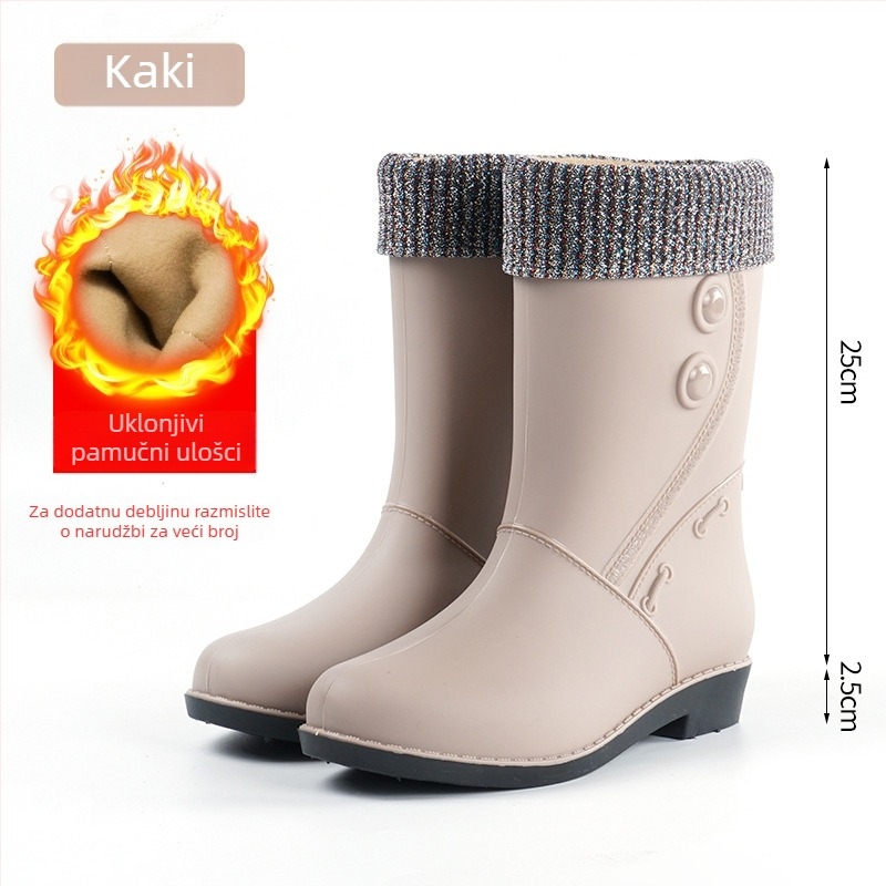 Ženske kišne čizme s fleecem podstavom, srednje visoke, vodootporne i protuklizne