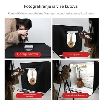 RETENG mini studijo s podesivim LED osvjetljenjem; sklopivi i prijenosni foto studio; Materijali: LED ploča od poliestera; Dimenzije: 40×40×40 cm; Težina: 2,8 kg.