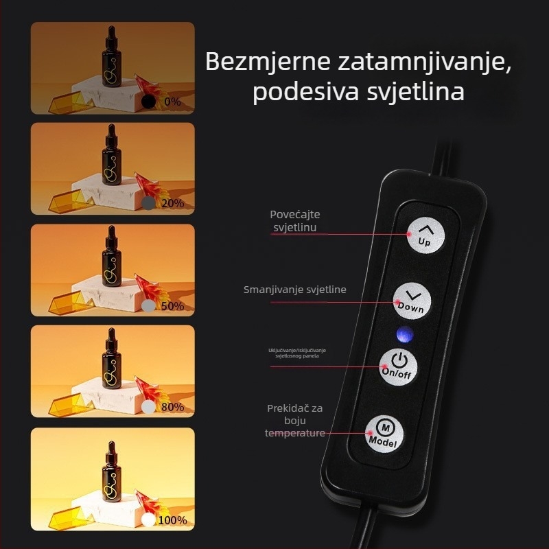 RETENG mini studijo s podesivim LED osvjetljenjem; sklopivi i prijenosni foto studio; Materijali: LED ploča od poliestera; Dimenzije: 40×40×40 cm; Težina: 2,8 kg.