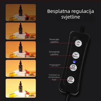 Mini foto-studio; prijenosna sklopiva kutija s petostraničnim osvjetljenjem; kružni LED panel; materijal: poliester + LED panel; dvije temperature boje