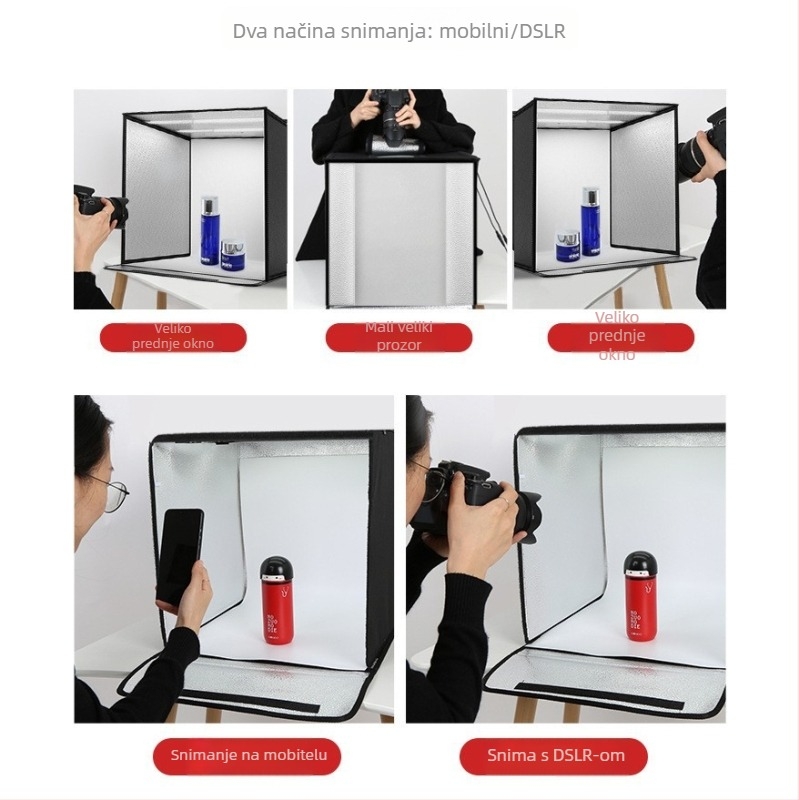 Mini foto-studio; prijenosna sklopiva kutija s petostraničnim osvjetljenjem; kružni LED panel; materijal: poliester + LED panel; dvije temperature boje