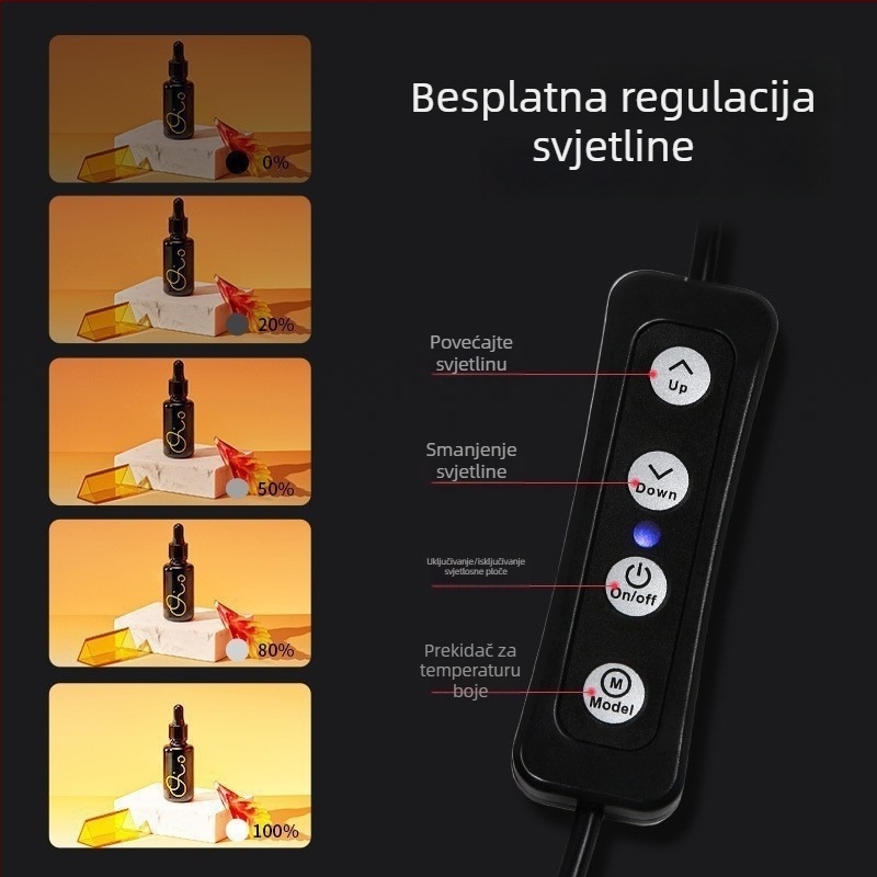 Mini foto-studio; prijenosna sklopiva kutija s petostraničnim osvjetljenjem; kružni LED panel; materijal: poliester + LED panel; dvije temperature boje