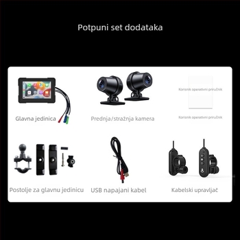 5-inčna motociklistička CarPlay kamera MT01, dvostruko snimanje prednje i stražnje, 170° kut vidnog polja, 2.0 MP senzor, podrška do 64 GB memorije