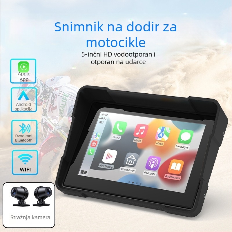 5-inčna motociklistička CarPlay kamera MT01, dvostruko snimanje prednje i stražnje, 170° kut vidnog polja, 2.0 MP senzor, podrška do 64 GB memorije