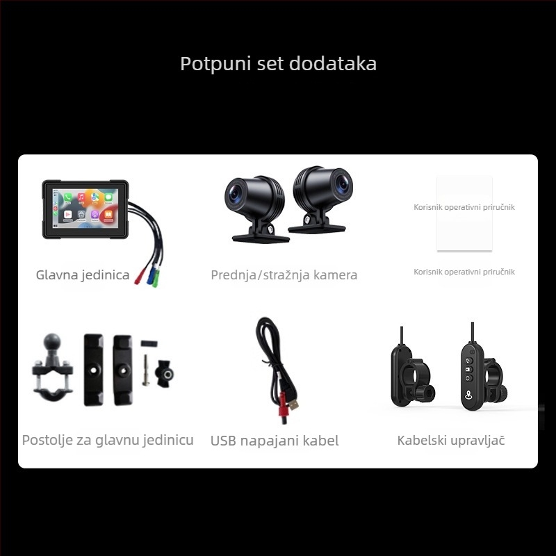 5-inčna motociklistička CarPlay kamera MT01, dvostruko snimanje prednje i stražnje, 170° kut vidnog polja, 2.0 MP senzor, podrška do 64 GB memorije