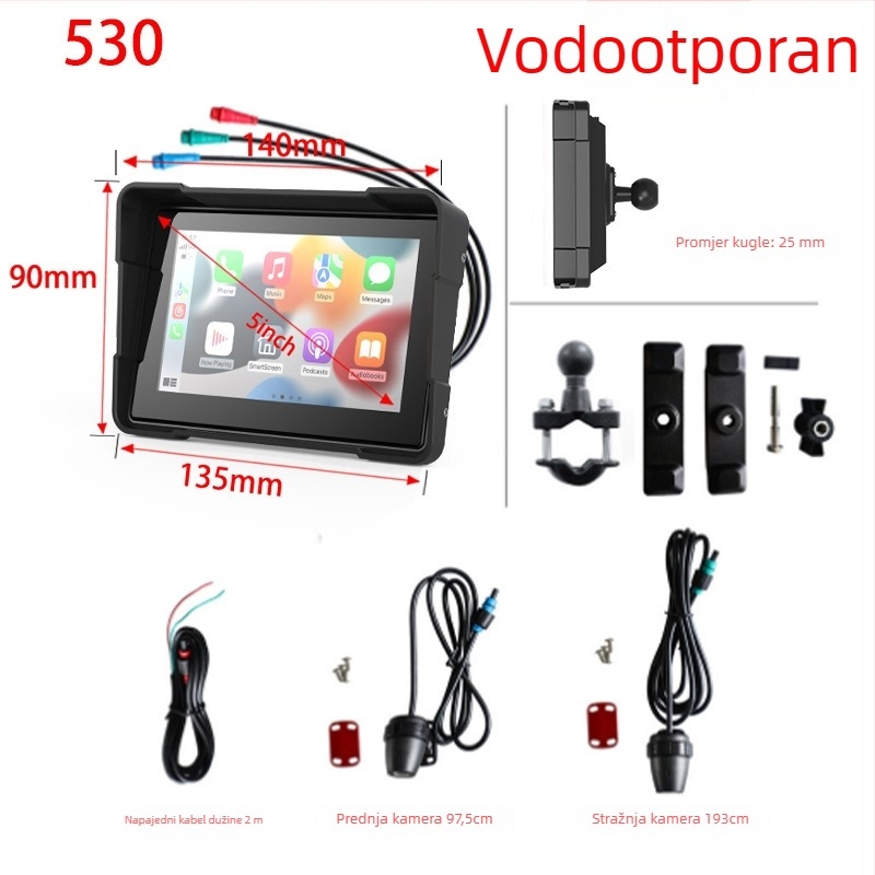 5-inčna motociklistička CarPlay kamera MT01, dvostruko snimanje prednje i stražnje, 170° kut vidnog polja, 2.0 MP senzor, podrška do 64 GB memorije