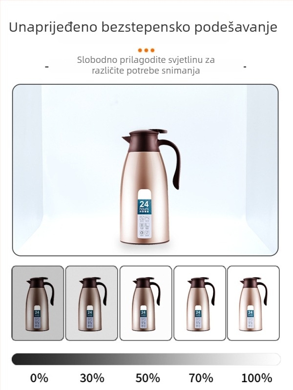 Mini foto-studio s sklopnim okvirom, LED rasvjetom, PVC pozadinom, materijal: Oxford tkanina s aluminijskom folijom; uključuje prijenosnu torbu