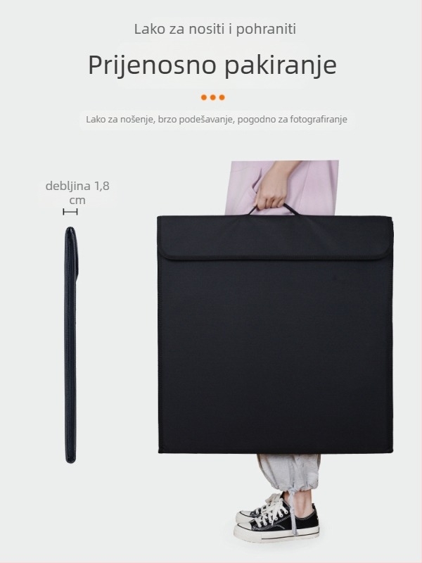 Mini foto-studio s sklopnim okvirom, LED rasvjetom, PVC pozadinom, materijal: Oxford tkanina s aluminijskom folijom; uključuje prijenosnu torbu