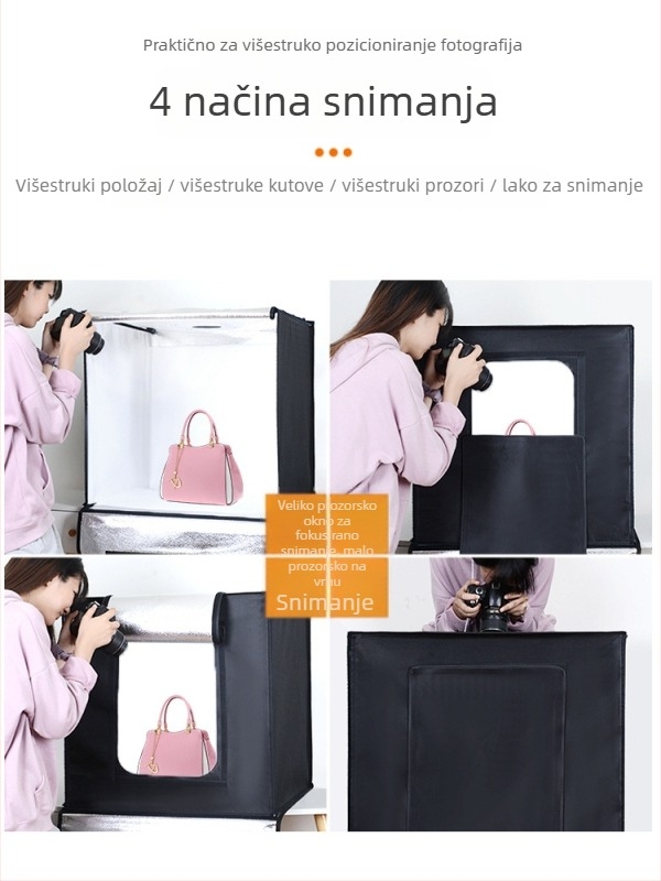 Mini foto-studio s sklopnim okvirom, LED rasvjetom, PVC pozadinom, materijal: Oxford tkanina s aluminijskom folijom; uključuje prijenosnu torbu