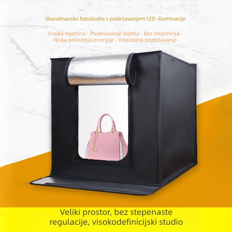 Mini foto-studio s sklopnim okvirom, LED rasvjetom, PVC pozadinom, materijal: Oxford tkanina s aluminijskom folijom; uključuje prijenosnu torbu