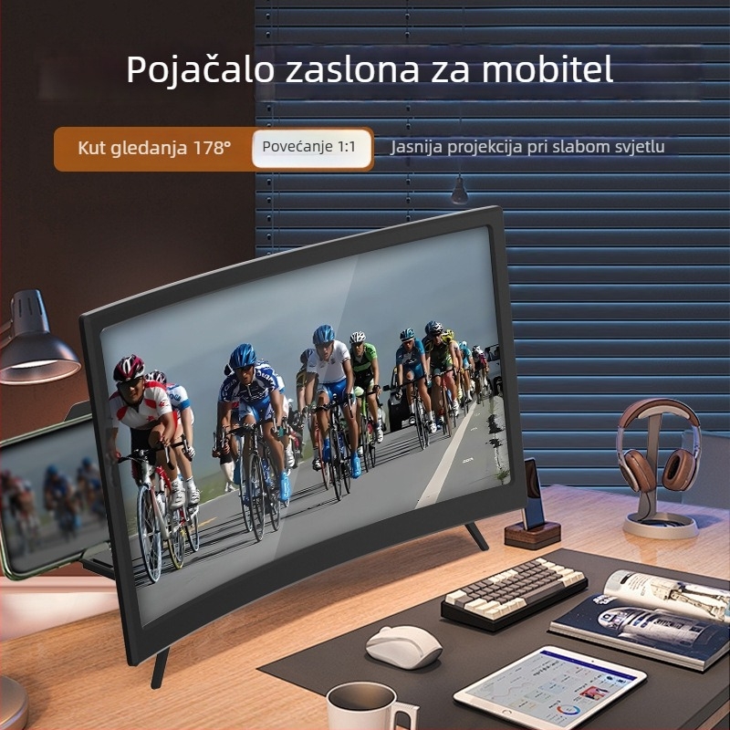 Nova generacija povećivača zaslona za mobitel, 14-inčni zakrivljeni zaslon, 3D HD povećanje, stolna podrška