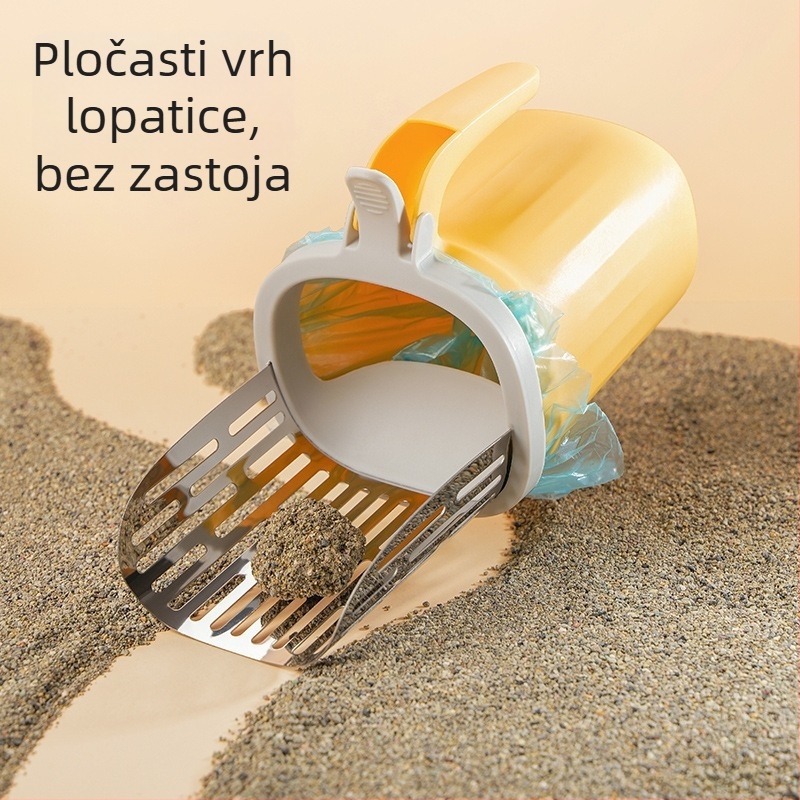 Metalna lopatica za mačji stelj All-In-One s ugrađenim alatom za čišćenje vrećica, odvojiva, velika kapacitet, marka JN