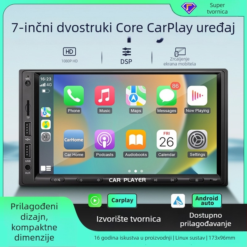 Bežični CarPlay MP5 multimedijski sustav s Bluetoothom | Model TH7255 | 2GB memorije | SD kartica podrška | Prilagodljiva obrada