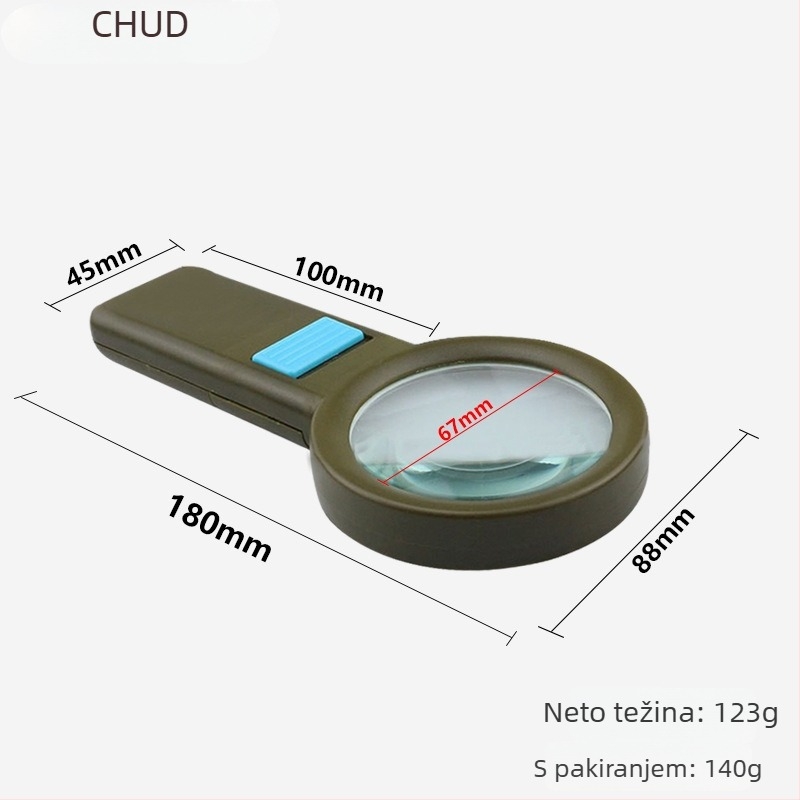 Chuda osvijetljena ručna povećalo s 10 LED, 10x optička HD leća, za čitanje starijima