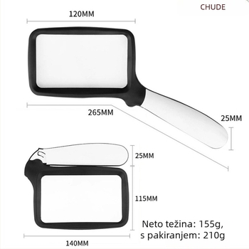 Chuda prijenosna sklopiva kvadratna lupa za čitanje sa 5 LED svjetala, model 10863, s gumbom za uključivanje