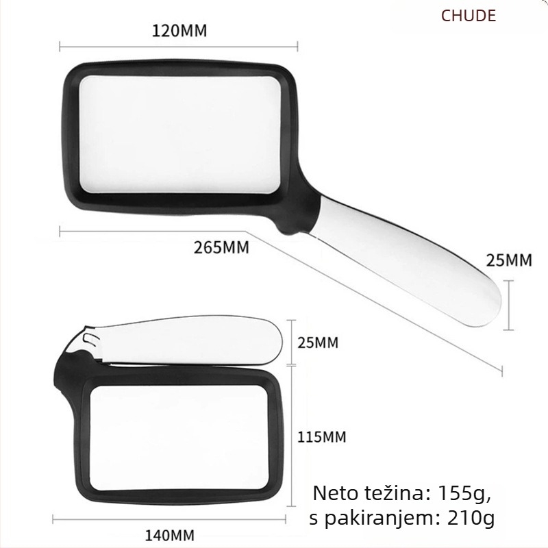 Chuda prijenosna sklopiva kvadratna lupa za čitanje sa 5 LED svjetala, model 10863, s gumbom za uključivanje