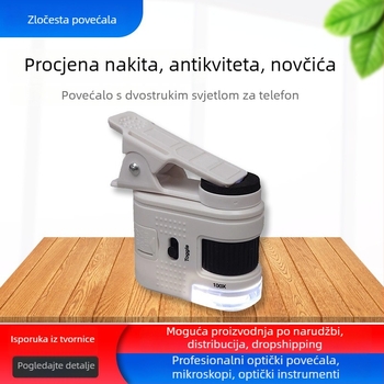 LED klip-on mini mikroskop 100x, dvostruko osvjetljenje, za ocjenu novčića, poštanskih maraka i nakita, BST-2233A