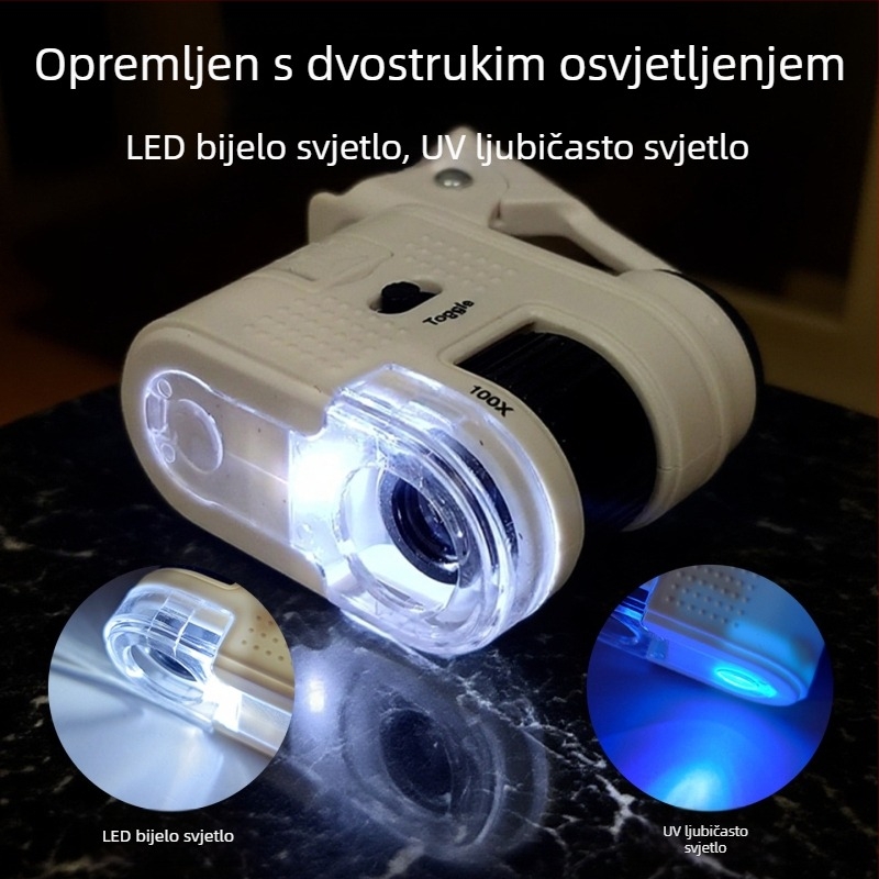 LED klip-on mini mikroskop 100x, dvostruko osvjetljenje, za ocjenu novčića, poštanskih maraka i nakita, BST-2233A