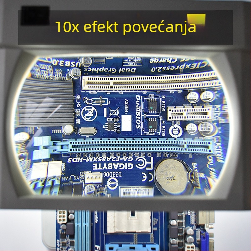 Stolna lupa s LED osvjetljenjem, 10× povećanje, za čitanje i precizan rad: zavarivanje, popravak mobitela i graviranje pločica; pravokutna LED svjetiljka.